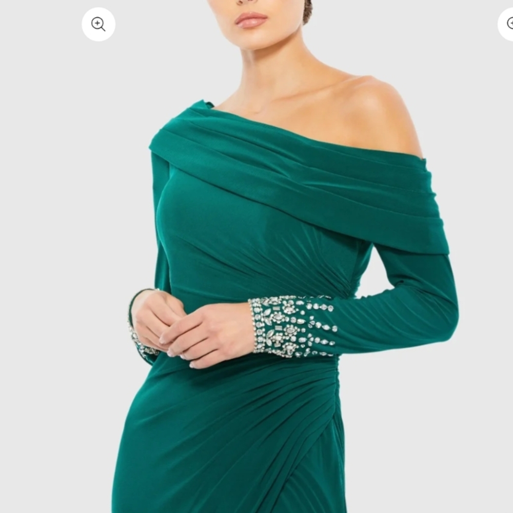 Mac Duggal Emerald One Shoulder Dress with Jewel Cuffs